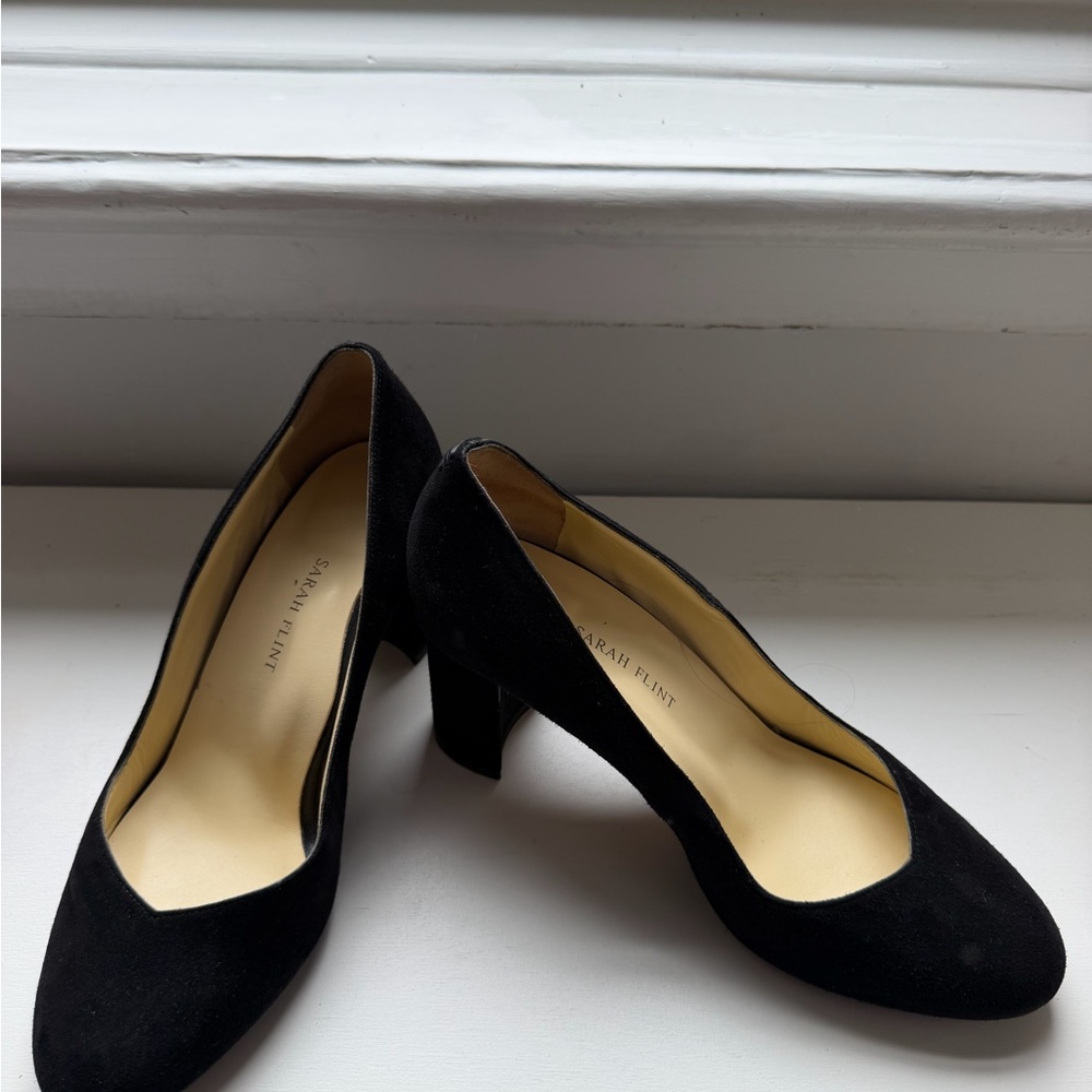 Sarah Flint Black Suede Block Heel Pumps